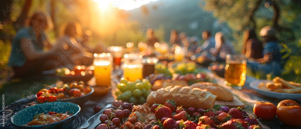 Golden Hour Picnic: A rustic table laden with fresh produce, wine, and juice, bathed in the warm glow of sunset. The idyllic scene evokes a sense of peace and abundance. Golden Hour Picnic: A rustic table laden with fresh produce, wine, and juice, bathed in the warm glow of sunset. The idyllic scene evokes a sense of peace and abundance.