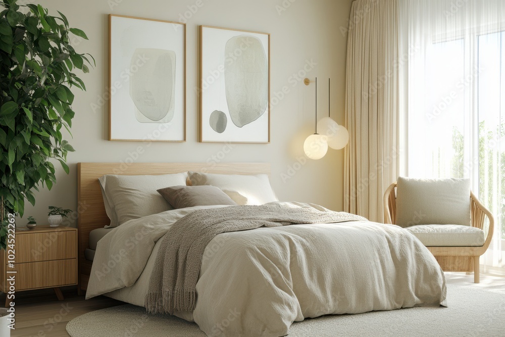 A modern minimalist bedroom featuring a cozy beige bed with layered bedding, framed by light A modern minimalist bedroom featuring a cozy beige bed with layered bedding, framed by light