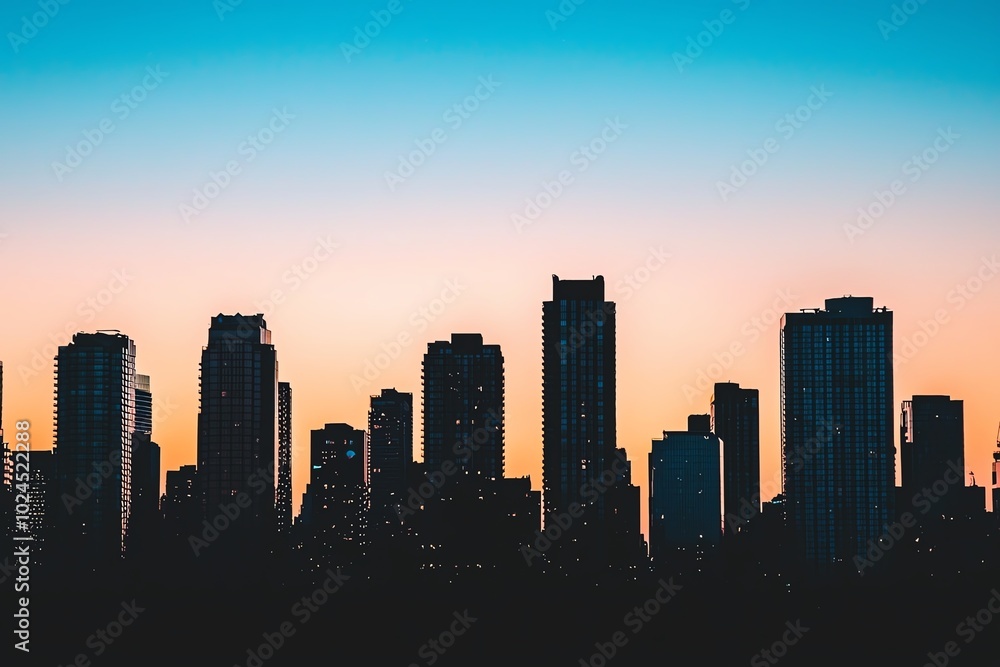 Urban skyline silhouette with varied building shapes at twilight Urban skyline silhouette with varied building shapes at twilight