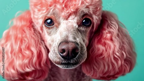 Close-up portrait of fluffy apricot poodle on turquoise background