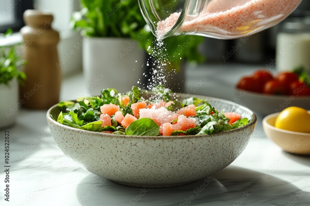 Himalayan salt pouring on salad from glass jar, sunlight from window, copy space. Concept: natural products, healthy food, organic, vegan food, culinary simplicity Himalayan salt pouring on salad from glass jar, sunlight from window, copy space. Concept: natural products, healthy food, organic, vegan food, culinary simplicity