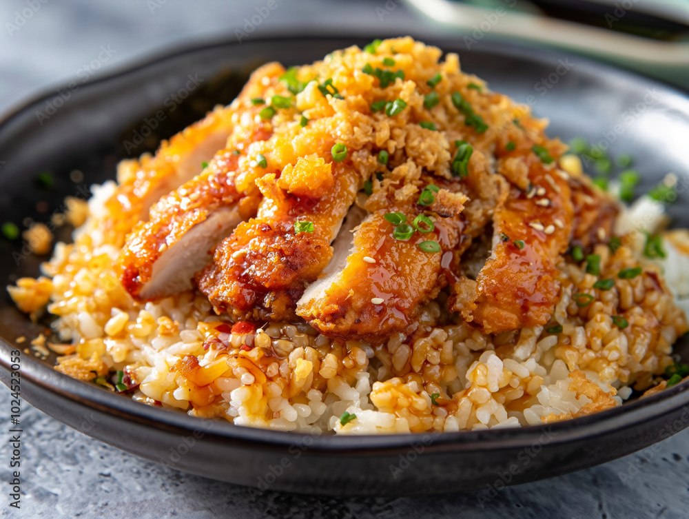 A plate of fried chicken with rice and green onions. The chicken is cooked and has a crispy texture. The rice is fluffy and the green onions add a pop of color to the dish A plate of fried chicken with rice and green onions. The chicken is cooked and has a crispy texture. The rice is fluffy and the green onions add a pop of color to the dish