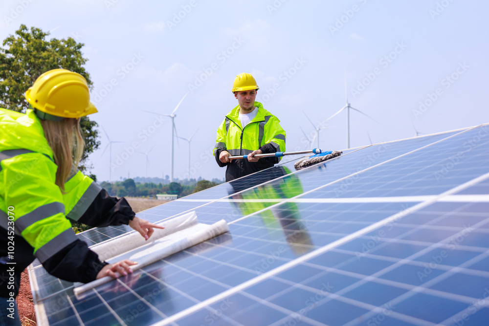 Caucasian woman engineer technician reading blueprints on solar panels Caucasian woman engineer technician reading blueprints on solar panels
