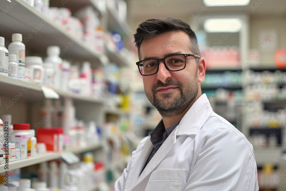 Photo of pharmacist stands in medical robe smiling in pharmacy shop full of medicines generative AI Photo of pharmacist stands in medical robe smiling in pharmacy shop full of medicines generative AI