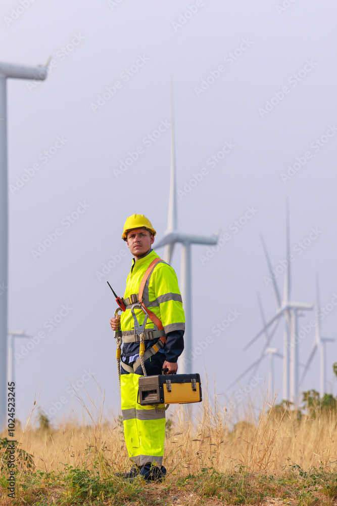 engineers wearing uniform and hardhats standing at wind turbines farm. engineers wearing uniform and hardhats standing at wind turbines farm.