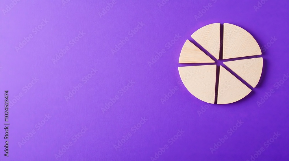 The wooden blocks with pie chart segments on a purple background are illustrating financial distribution for investment analysis. Flat lay. High quality, no realistic details. The wooden blocks with pie chart segments on a purple background are illustrating financial distribution for investment analysis. Flat lay. High quality, no realistic details.