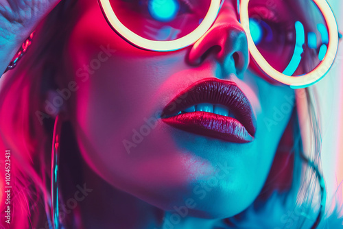 Futuristic neon photo image young people dancing nightclub nightlife pop style, Generative AI photo