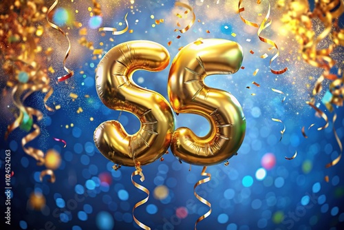 Golden Number 53 Years Birthday Balloon with Confetti - Happy Birthday Celebration Background