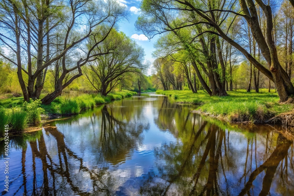 Marshy river with branched channel in spring forest Nature of Volyn in May Spring in Europe High Angle Marshy river with branched channel in spring forest Nature of Volyn in May Spring in Europe High Angle