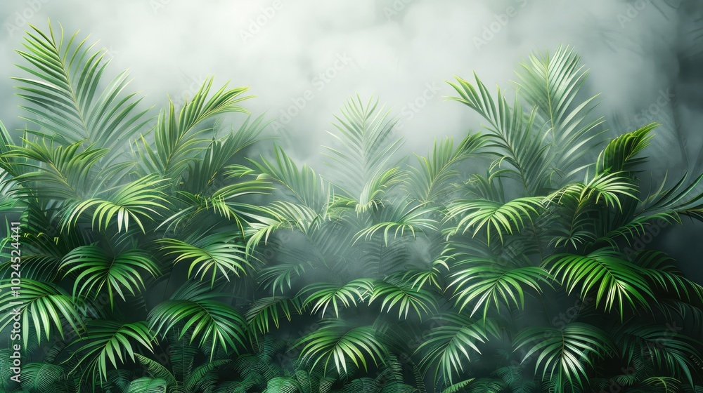 A wall with palm leaves, in a foggy, white background, with ample copy space. A wall with palm leaves, in a foggy, white background, with ample copy space.