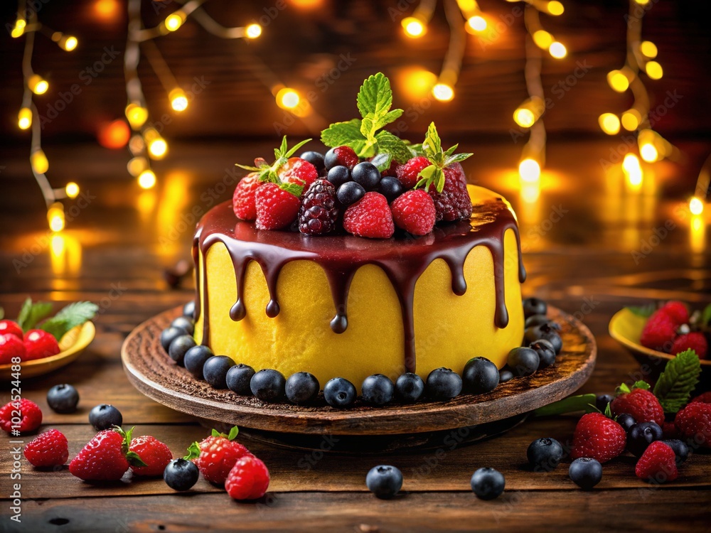 Gourmet Chocolate Cake with Berries and Yellow Sauce - Night Photography Delight Gourmet Chocolate Cake with Berries and Yellow Sauce - Night Photography Delight