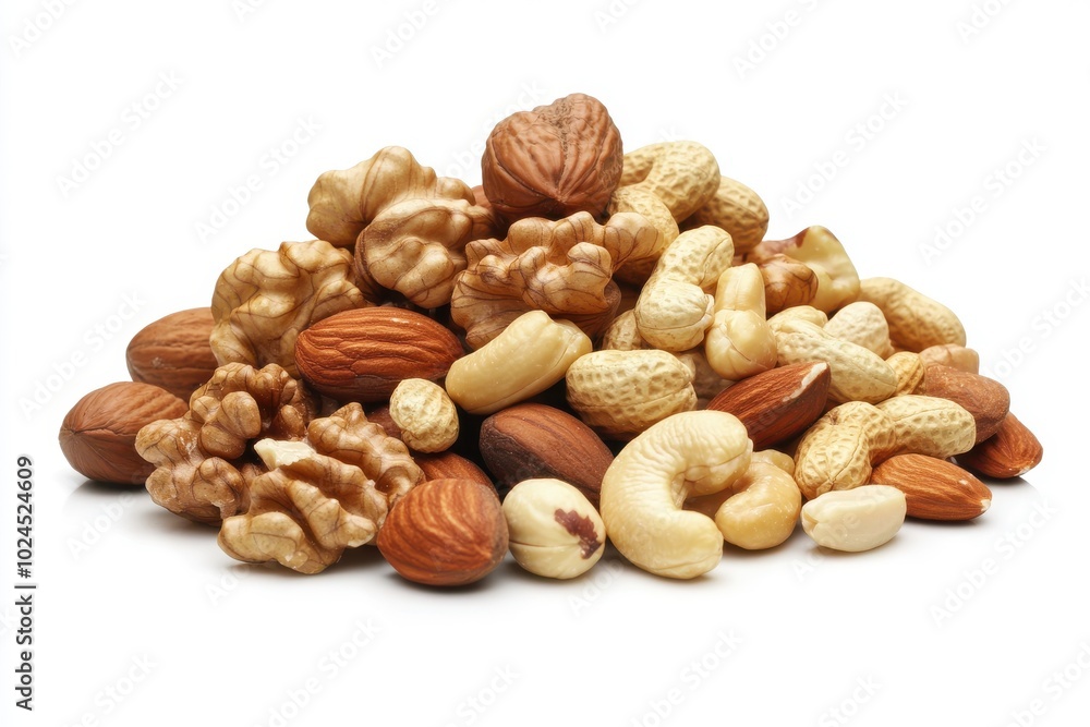A pile of various nuts including walnuts, cashews, almonds, and peanuts, displayed against a white A pile of various nuts including walnuts, cashews, almonds, and peanuts, displayed against a white