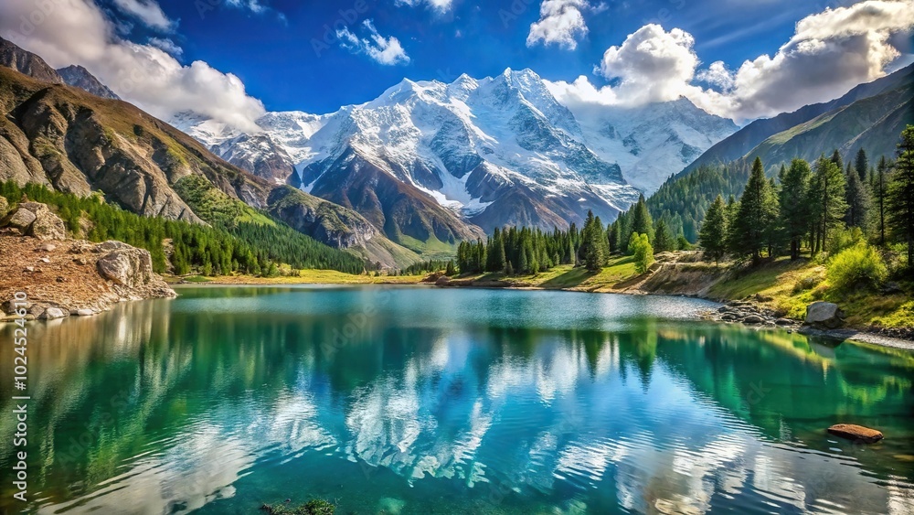 Fototapeta premium Marvelous landscape of lake, mountains, Nanga Parbat, clouds in blue sky