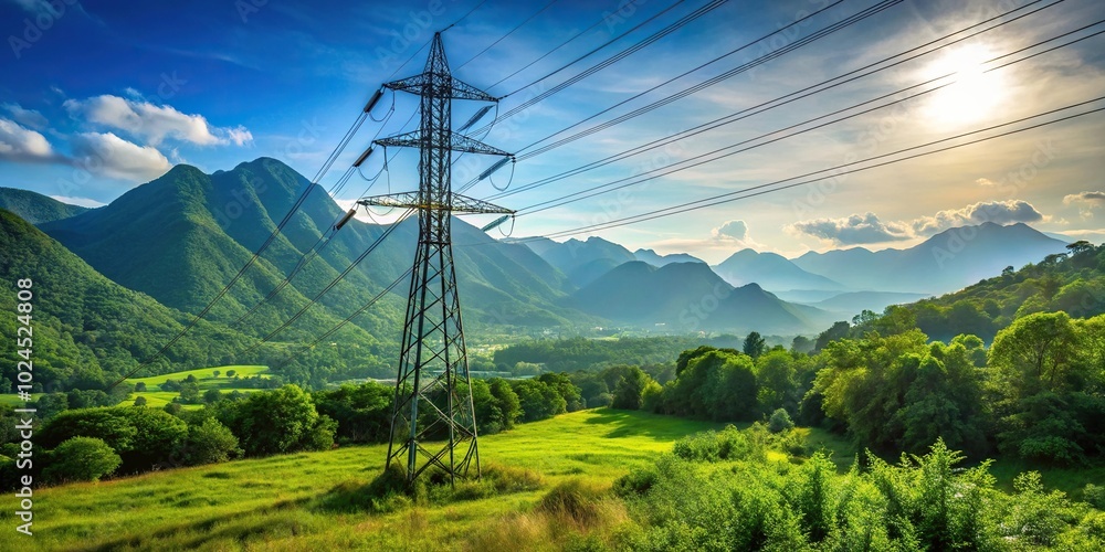 Obraz premium Massive electricity pole in nature with mountains and high voltage pillar