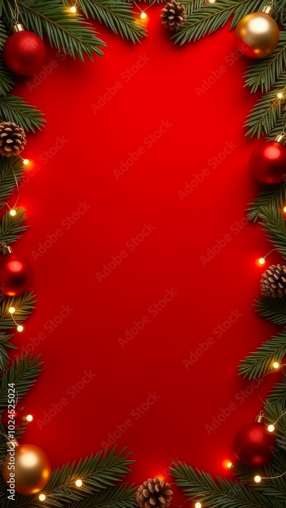 festive Christmas-themed border frame composed of green pine branches red gold baubles Christmas lights on red background. seasonal promotions, e-commerce, vertical header, email newsletter concept, festive Christmas-themed border frame composed of green pine branches red gold baubles Christmas lights on red background. seasonal promotions, e-commerce, vertical header, email newsletter concept,