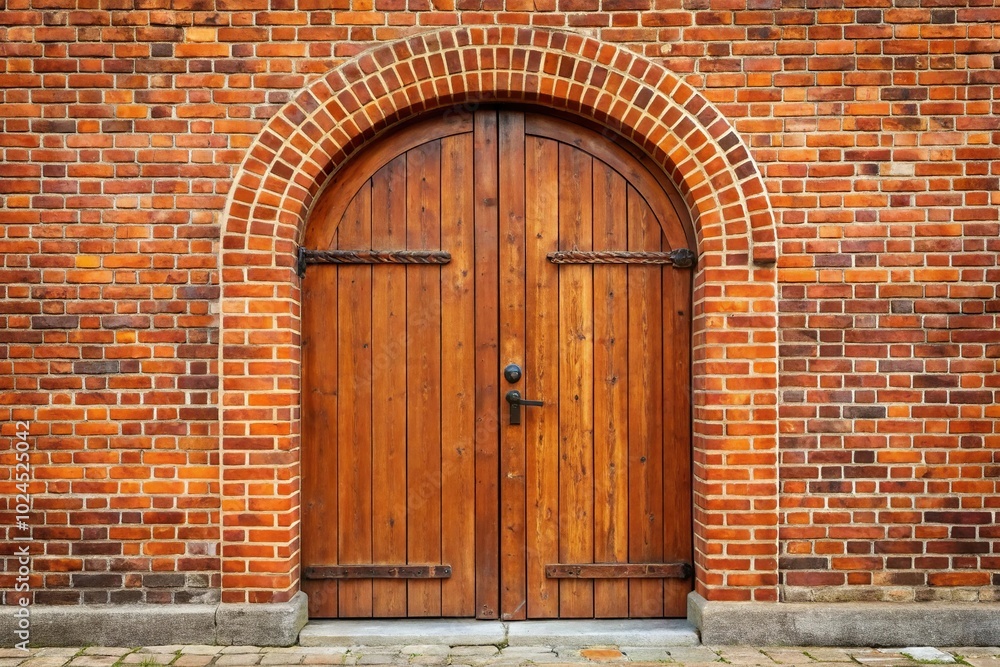 Massive wooden door in red brick wall with asymmetrical design Massive wooden door in red brick wall with asymmetrical design