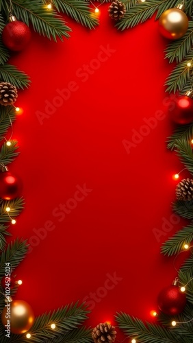 festive Christmas-themed border frame composed of green pine branches red gold baubles Christmas lights on red background. seasonal promotions, e-commerce, vertical header, email newsletter concept,