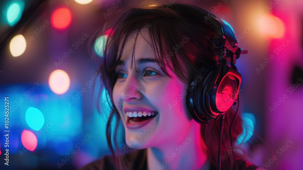 Joyful Young Woman with Headphones in Colorful Setting Joyful Young Woman with Headphones in Colorful Setting