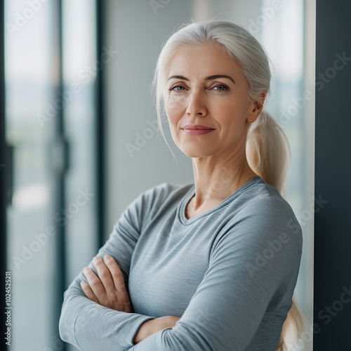 Free Download Middle-Aged Woman Practicing Fitness in a Bright Modern Studio - GFXLoad