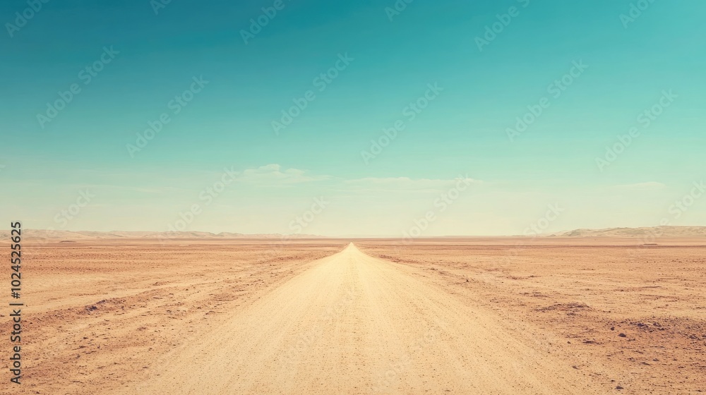 A vast desert landscape with a dirt road leading into the horizon under a clear blue sky, symbolizing adventure. illustration A vast desert landscape with a dirt road leading into the horizon under a clear blue sky, symbolizing adventure. illustration