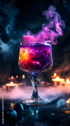 Glowing purple cocktail for Halloween party on table amidst burning candles, spooky atmosphere