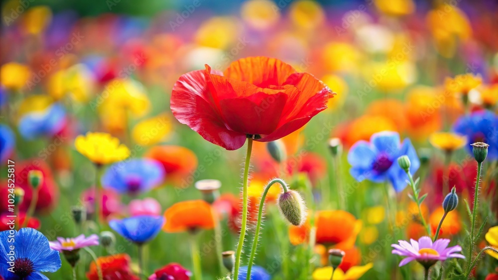 Meadow of colorful spring flowers with a bright red poppy in the center macro Meadow of colorful spring flowers with a bright red poppy in the center macro