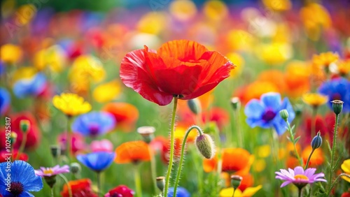 Meadow of colorful spring flowers with a bright red poppy in the center macro