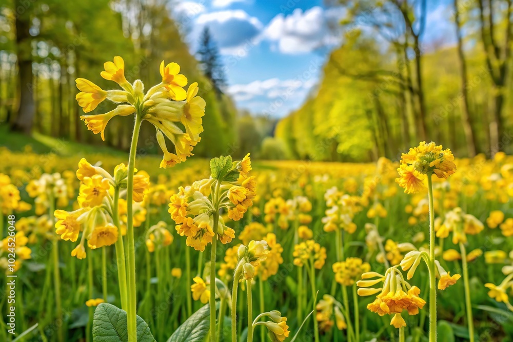 Meadow with yellow cowslips by forest edge Meadow with yellow cowslips by forest edge