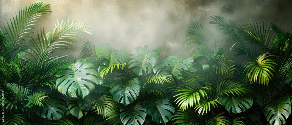 A wall with palm leaves, in a foggy, white background, with ample copy space. A wall with palm leaves, in a foggy, white background, with ample copy space.