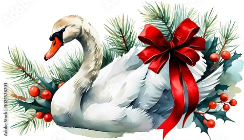 Elegant festive swan adorned with holiday greenery and a vibrant bow