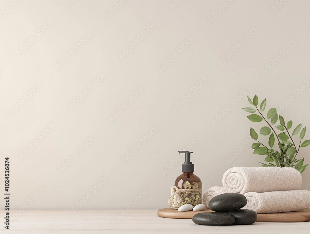 Spa essentials including towels, rocks, and lotion on wooden surface, serene atmosphere. Spa essentials including towels, rocks, and lotion on wooden surface, serene atmosphere.