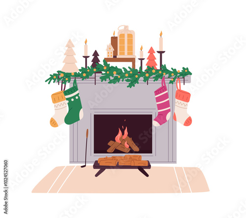 Decorated fireplace with Christmas ornaments. Fireside with hanging Xmas socks, candles. Winter holiday interior decoration. New Year home decor. Flat isolated vector illustration on white background