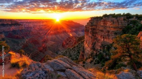 A sunset over the Grand Canyon, lighting the rocks in red and orange hues