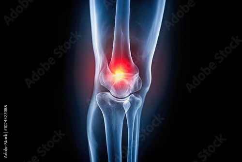 Medical imaging of fractured knee showing a splintered structure on x-ray