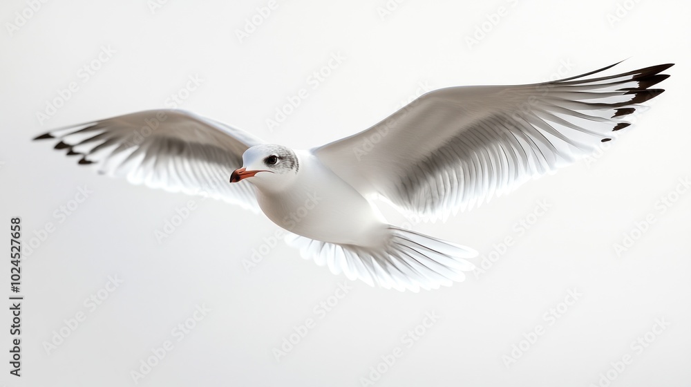 Fototapeta premium A seagull in flight against a light background, showcasing its wings and graceful movement.