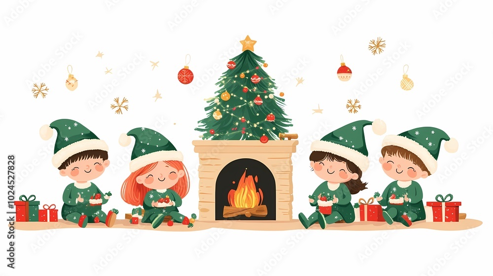 On Christmas Day, children dressed in Christmas costumes sit by the fire and exchange gifts On Christmas Day, children dressed in Christmas costumes sit by the fire and exchange gifts