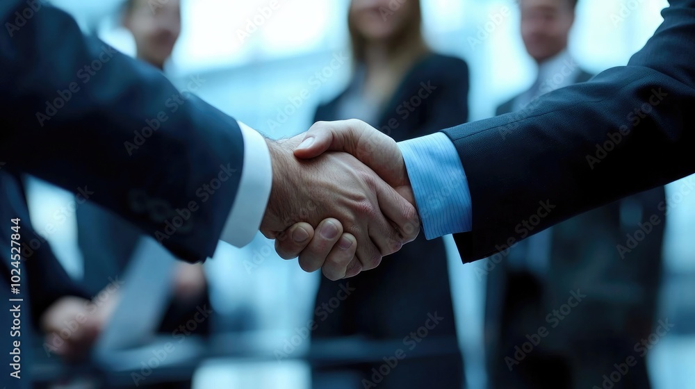 Business professionals shaking hands in a meeting with colleagues in the background. illustration Business professionals shaking hands in a meeting with colleagues in the background. illustration