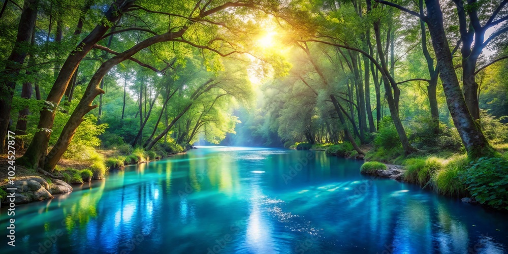 A captivating blue river flows gently through a rich, verdant forest, adorned with a bokeh effect, offering a magical haven for nature lovers. A captivating blue river flows gently through a rich, verdant forest, adorned with a bokeh effect, offering a magical haven for nature lovers.