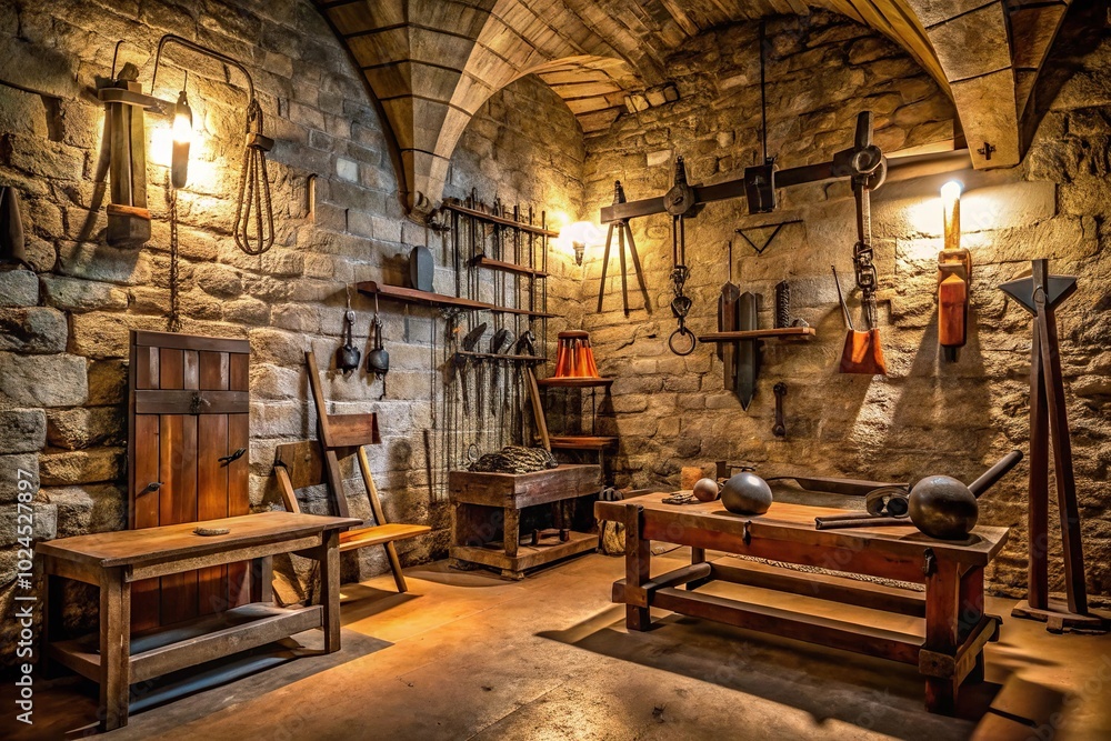 Medieval torture chamber with various tools Medieval torture chamber with various tools