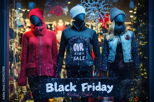 Shop Window Display: A storefront window featuring mannequins dressed in holiday attire, with a giant "Black Friday Sale" sign taped to the glass and sale percentages on each outfit.