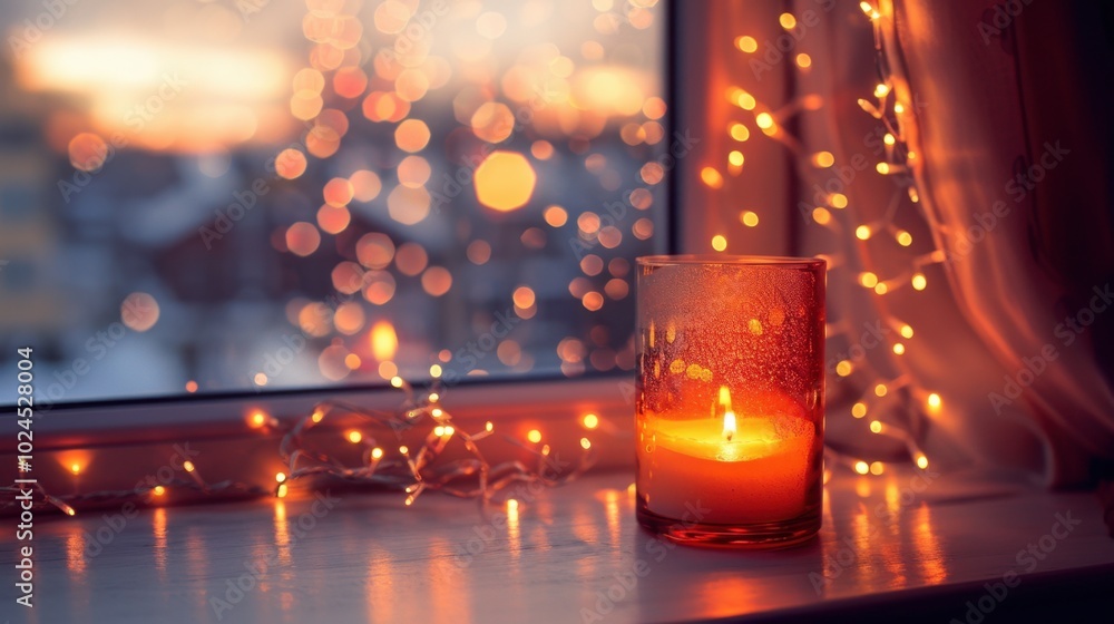Warm Candle Glow by Window with Soft Lights Warm Candle Glow by Window with Soft Lights