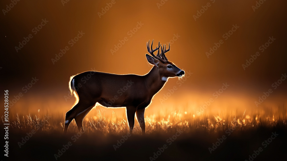 Silhouette of a deer with antlers standing in a field during sunset with golden light illuminating its outline against a blurred background. Silhouette of a deer with antlers standing in a field during sunset with golden light illuminating its outline against a blurred background.