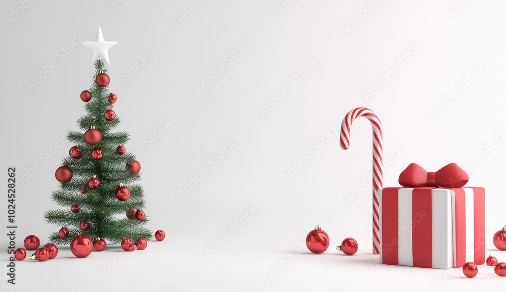 Festive Christmas Scene with Decorated Tree, Candy Cane, and Wrapped Gift on White Background Festive Christmas Scene with Decorated Tree, Candy Cane, and Wrapped Gift on White Background