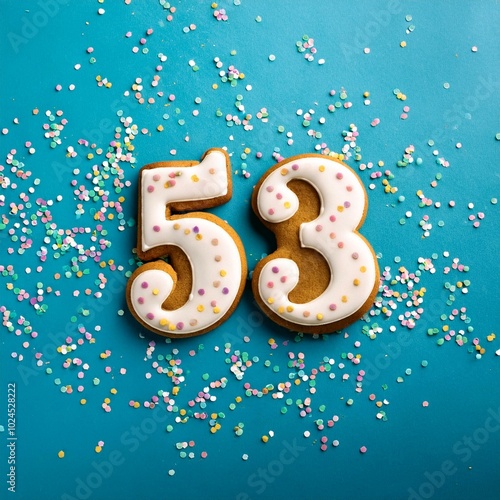 Decorated cookie, number 53, image for birthday or anniversary celebration