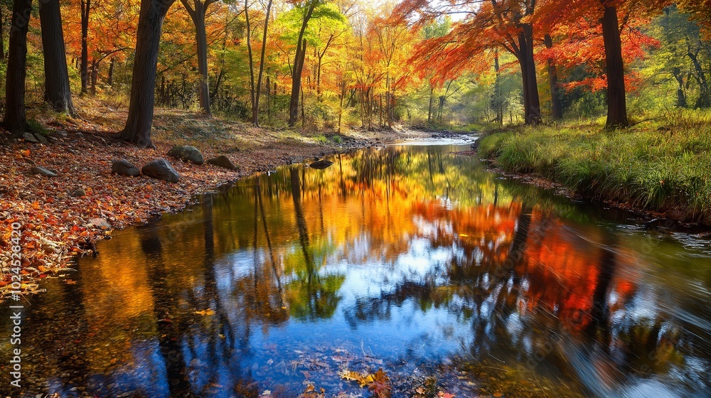 A serene river reflecting autumn colors as it meanders through a forest A serene river reflecting autumn colors as it meanders through a forest