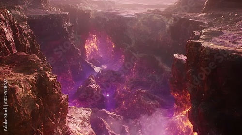 Majestic lava canyon with glowing purple hues at sunset photo