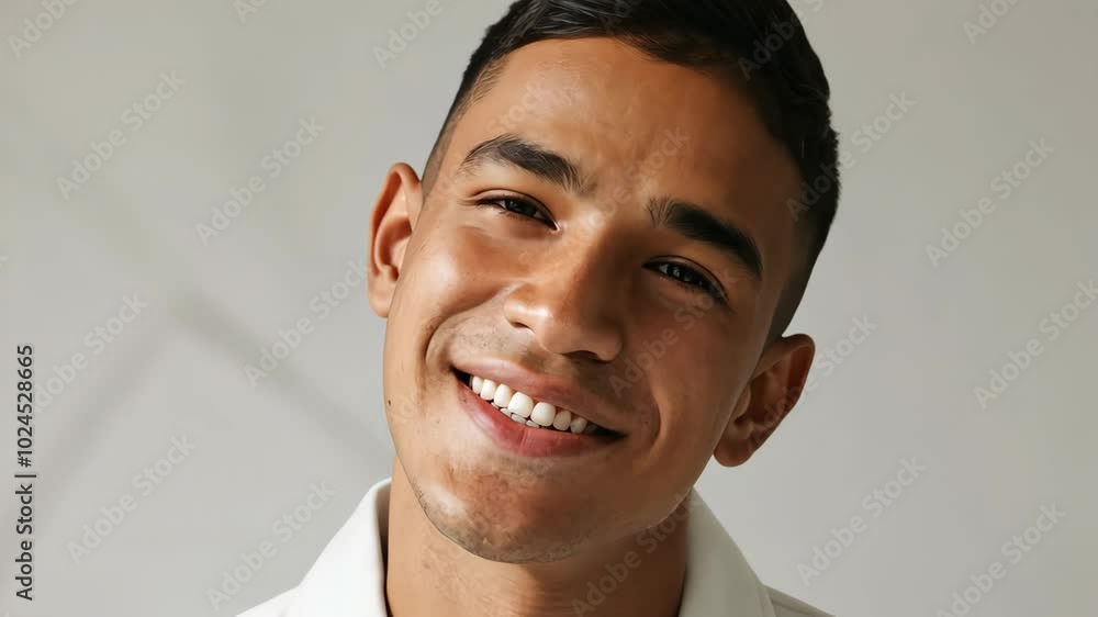 Smiling Hispanic man in white outfit on white background, closeup, positive and inviting look Smiling Hispanic man in white outfit on white background, closeup, positive and inviting look