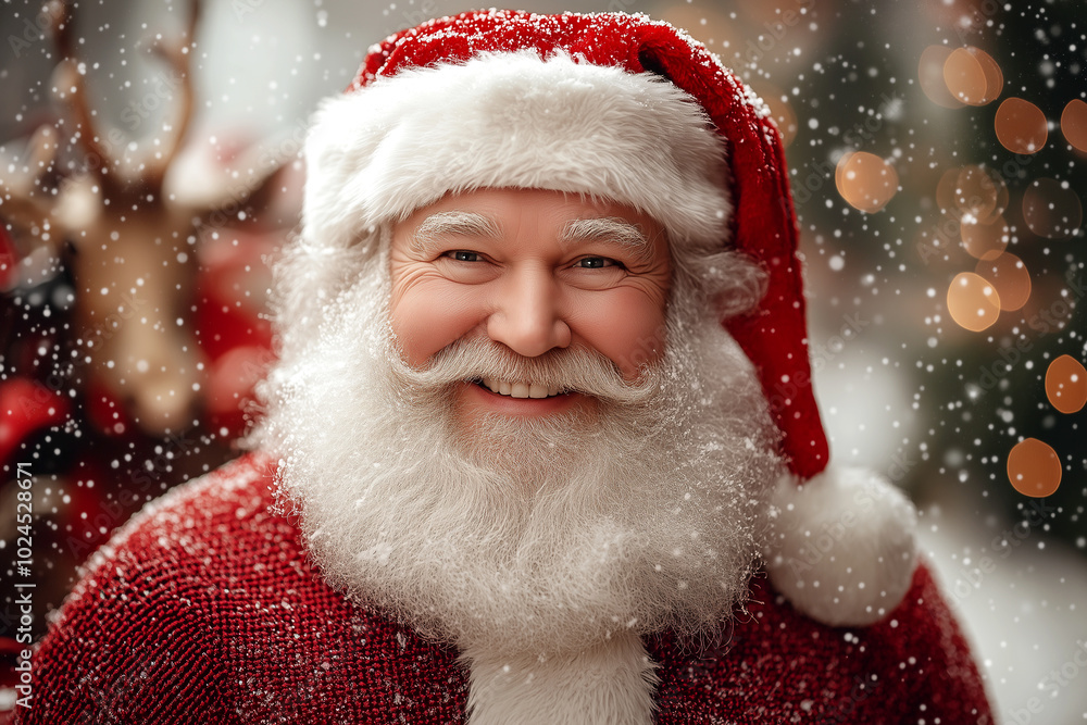 A smiling Santa Claus with a red hat and beard. He is holding a reindeer. The image has a festive and joyful mood A smiling Santa Claus with a red hat and beard. He is holding a reindeer. The image has a festive and joyful mood