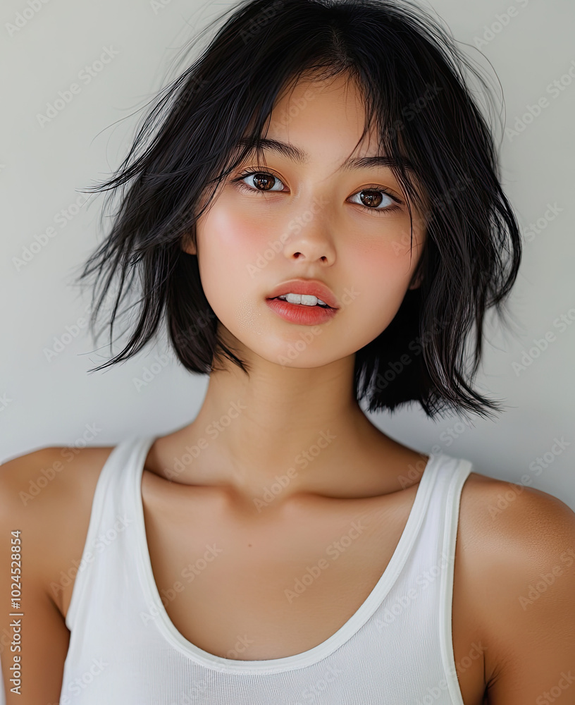 an Asian woman with a medium to long bob hairstyle, fair skin, and delicate features, wearing a white tank top. an Asian woman with a medium to long bob hairstyle, fair skin, and delicate features, wearing a white tank top.
