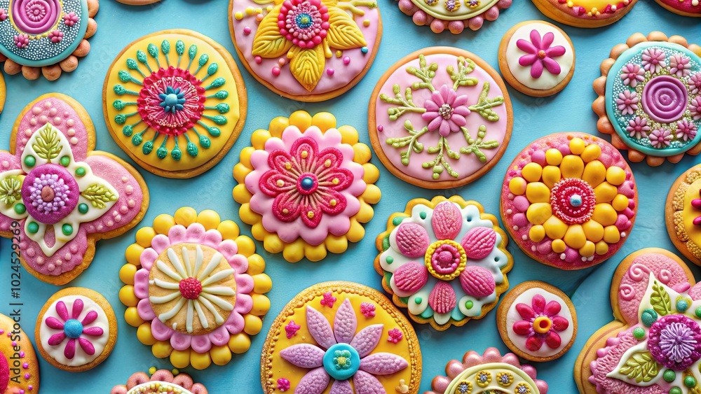 A symphony of vibrant floral cookies, each a miniature canvas of delicate details and colorful frosting, arranged on a serene blue background. A symphony of vibrant floral cookies, each a miniature canvas of delicate details and colorful frosting, arranged on a serene blue background.
